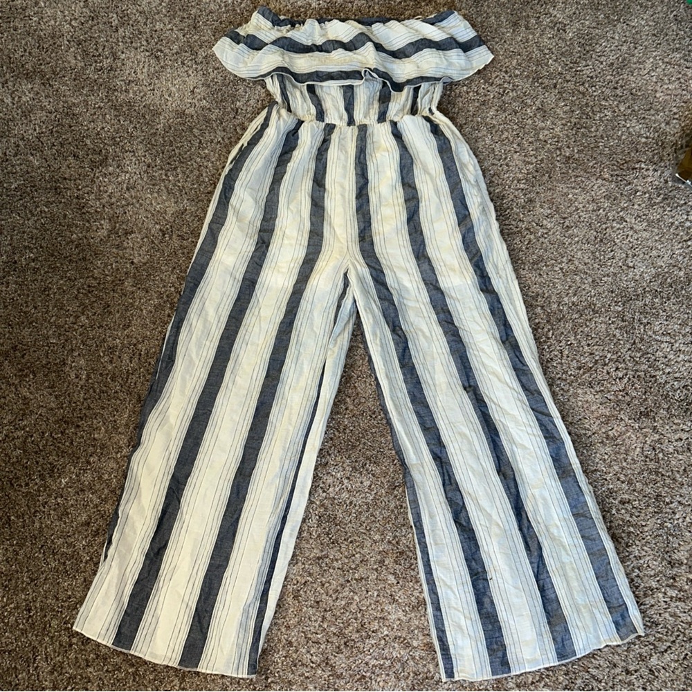 Mystree Women’s Blue Striped Wide Leg Off-Shoulder Jumpsuit Sz Medium